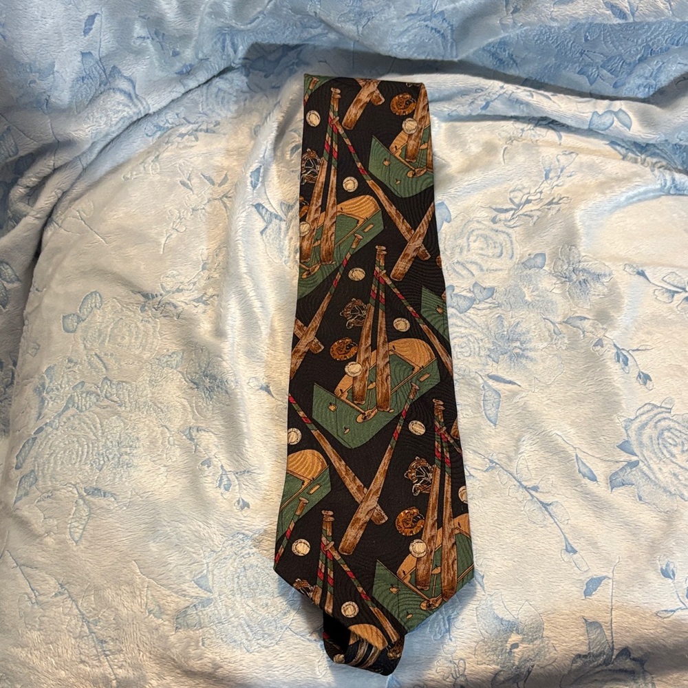 Black Baseball Themed Silk Tie with Green and Tan Accents